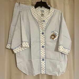 Night Gear Blue Stripe Moon Star Teddy Bear Cotton Pajama Set Size L